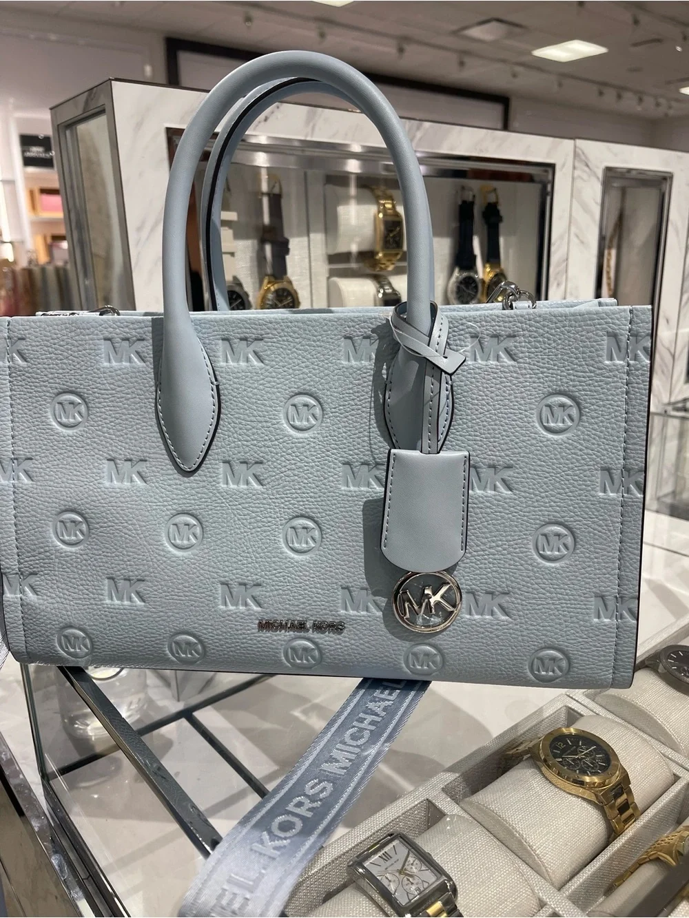 Michael Kors Mirella Md Logo Debossed EW Top Zip Satchel Shouldr Tote Pale Ocean
